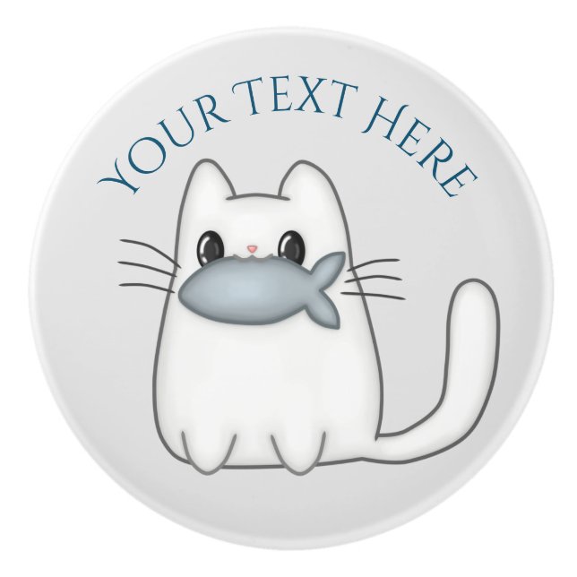 Bouton De Porte En Céramique Cute chat avec un poisson Prix (Devant)