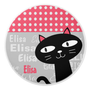 Bouton De Porte En Céramique Cute Chat Noir Pois Rose Ajouter Votre Nom
