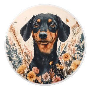 Bouton De Porte En Céramique Cute Dachshund avec peinture Fleur sauvage