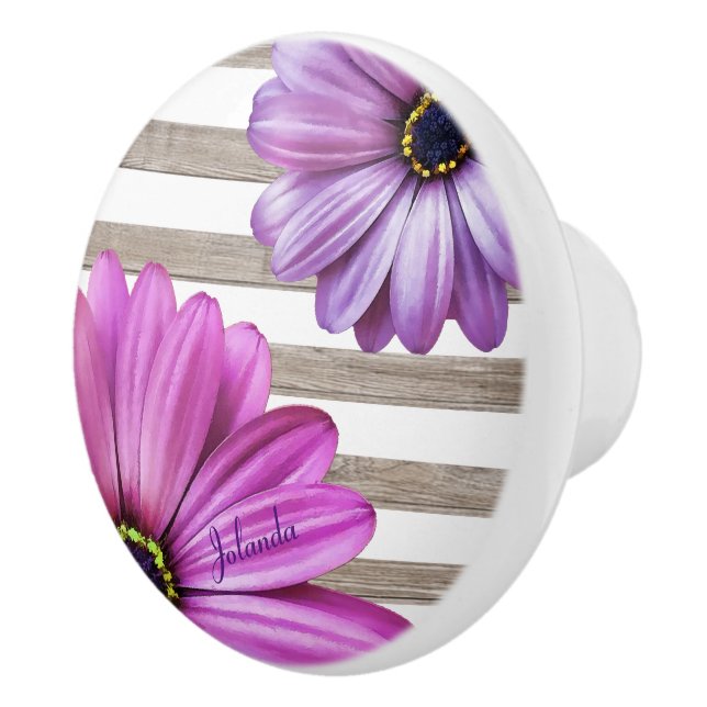 Bouton De Porte En Céramique Cute Daisies Wood White Stripes Ajouter un nom (Droite)