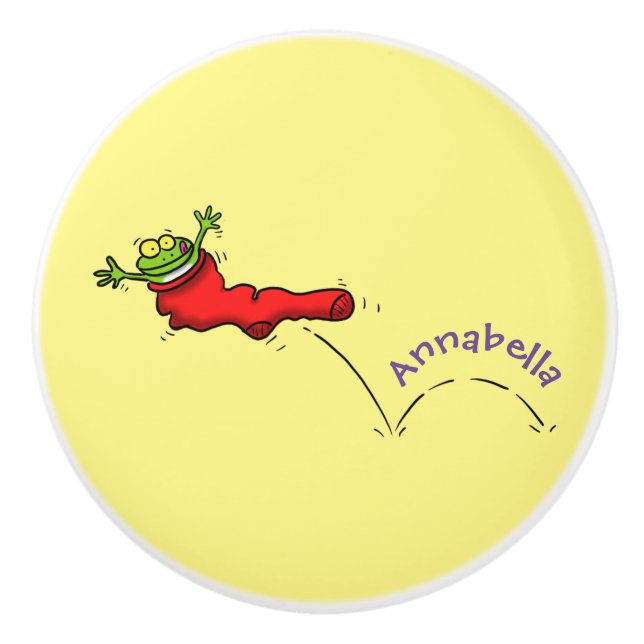 Bouton De Porte En Céramique Cute grenouille dans une chaussette rouge saut de  (Devant)