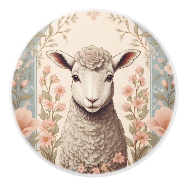 Bouton De Porte En Céramique Cute Lamb Delicate Pastel Floral (Devant)