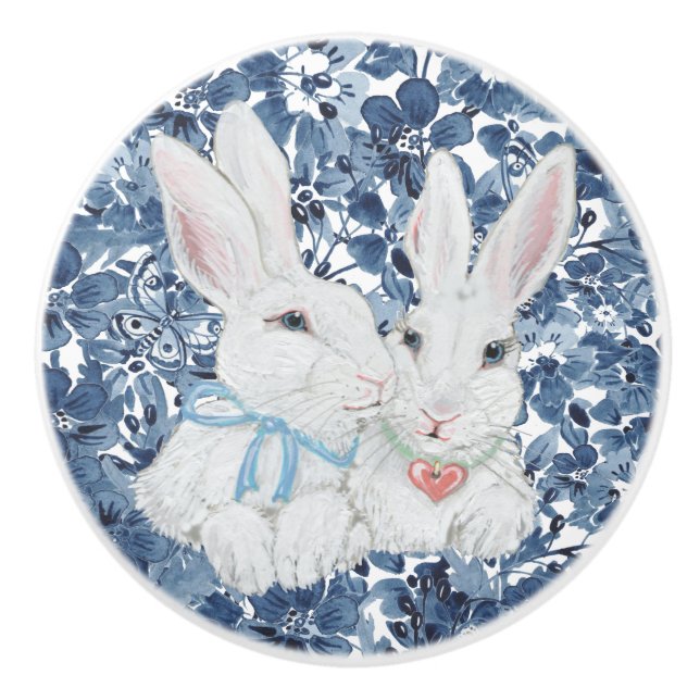 Bouton De Porte En Céramique Cute Lapin Lapin Marine Bleu Fleur Papillon Fille (Devant)