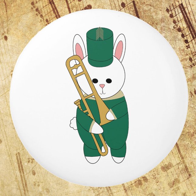 Bouton De Porte En Céramique Cute Marching Bunny Trombone Player Green Gold (A ceramic knob with a white rabbit holding a trombone & dressed in green & gold.)