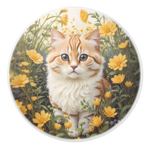Bouton De Porte En Céramique Cute Munchkin Chat Et Fleurs De Tasse À Beurre