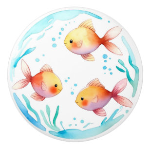 Bouton De Porte En Céramique Cute Or Poisson Aquarelle Océan Mer Nautique