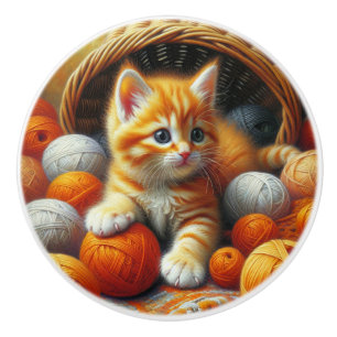 Bouton De Porte En Céramique Cute Orange et Kitten blanc Jouer en Fil