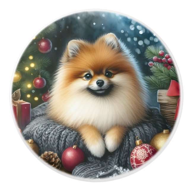 Bouton De Porte En Céramique Cute Pomeranian Cosy Aquarelle Art hiver (Devant)