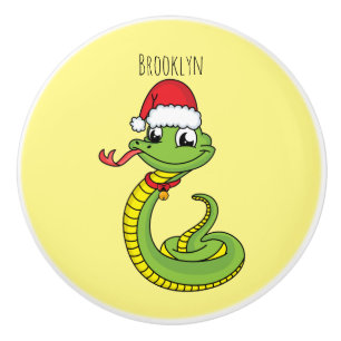 Bouton De Porte En Céramique Cute serpent vert avec chapeau santa dessin animé