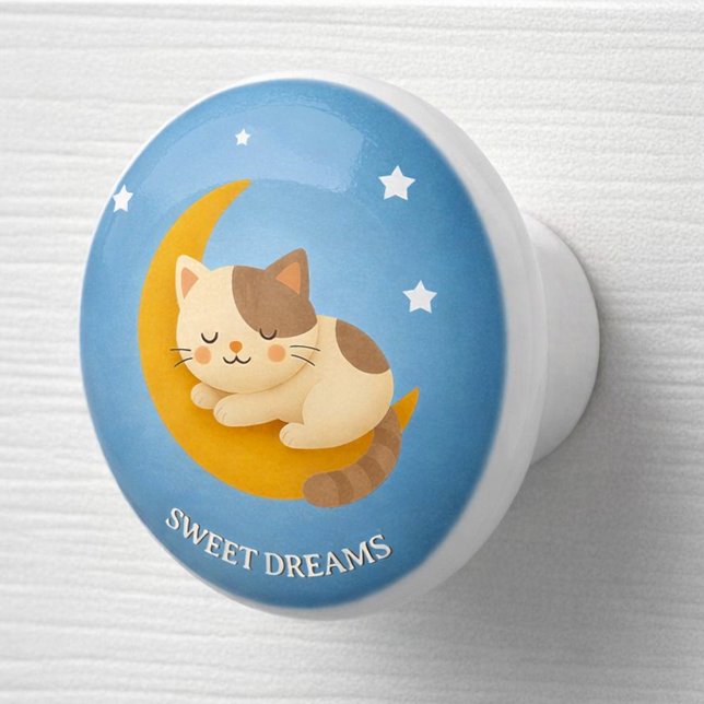 Bouton De Porte En Céramique Cute Sleeping Cat on Moon Sweet Dreams  (Personalized nursery of child bedroom ceramic knob with cute kitten sleeping on the moon )