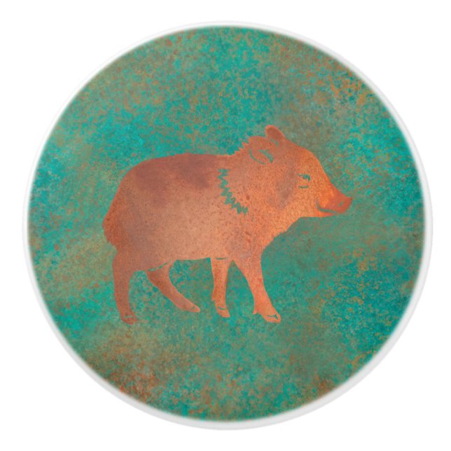 Bouton De Porte En Céramique Cute sud-ouest Javelina Baby Cuivre Turquoise (Devant)