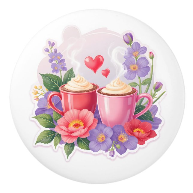 Bouton De Porte En Céramique Cute Valentine Cocoa Mugs with Flowers & Hearts (Devant)