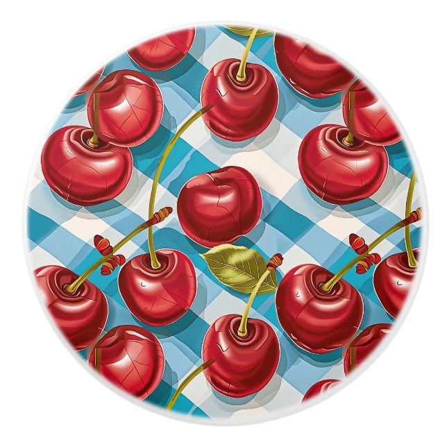 Bouton De Porte En Céramique Cute Whimsical Retro Mid-Century Cherries & Plaid (Devant)