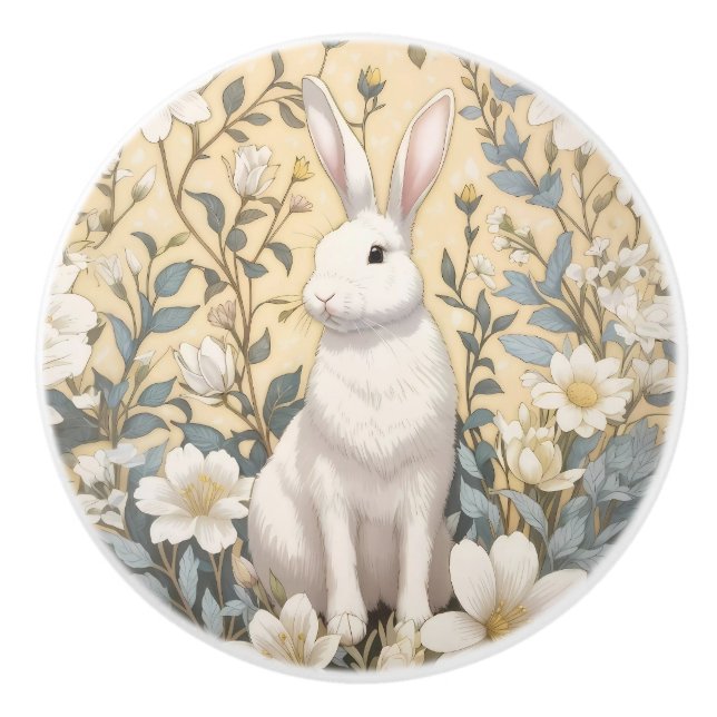 Bouton De Porte En Céramique Cute White Bunny Pastel Yellow Floral  (Devant)