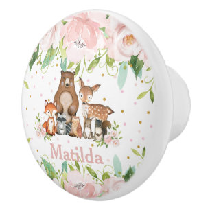 Bouton De Porte En Céramique Cute Woodland Animals Blush Pink Floral Nursery