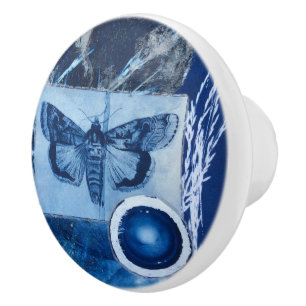 Bouton De Porte En Céramique Cyanotype vintage papillon bleu et blanc