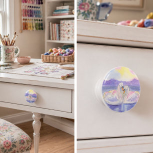 Bouton De Porte En Céramique Cygnes au coucher de soleil romantique Décor à l'a