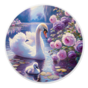 Bouton De Porte En Céramique Cygnet blanc avec Roses violets