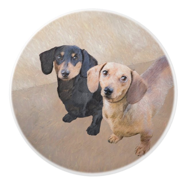 Bouton De Porte En Céramique Dachshund (Smooth) Peinture - Art Chien original (Devant)
