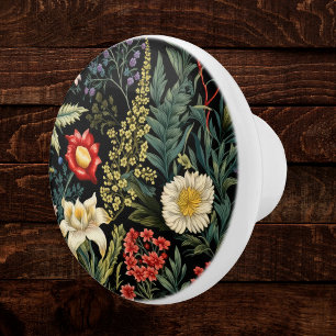 Bouton De Porte En Céramique Dahlia Rouge Floral Vintage Lys Blancs Bohème