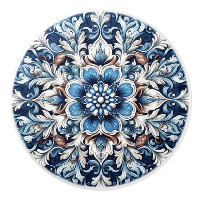 Bouton De Porte En Céramique Damas bleu Fleur Mandala (Devant)