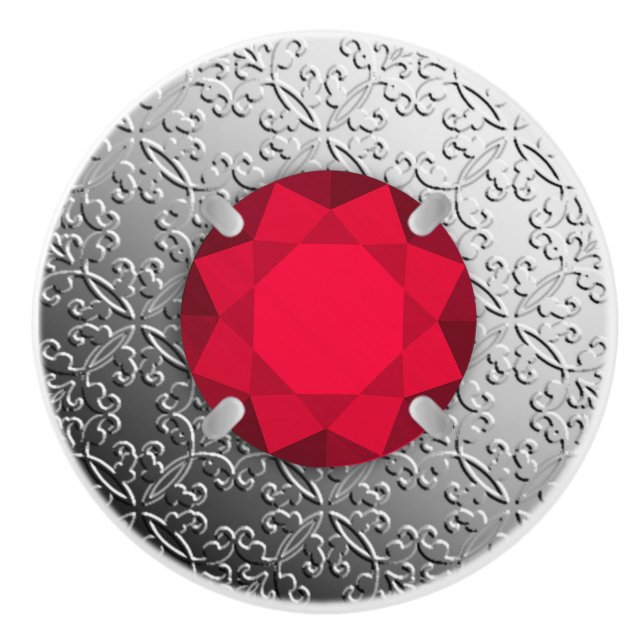 Bouton De Porte En Céramique Damas d'argent avec gemstone de faux grenat (Devant)