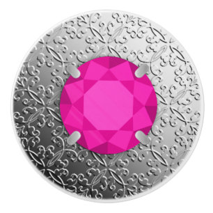 Bouton De Porte En Céramique Damas d'argent avec un faux bijou tourmalin rose