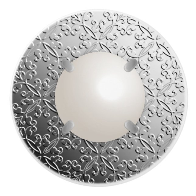 Bouton De Porte En Céramique Damas d'argent avec une fausse perle de mabe (Devant)