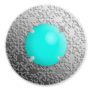Bouton De Porte En Céramique Damas d'argent avec une fausse pierre turquoise