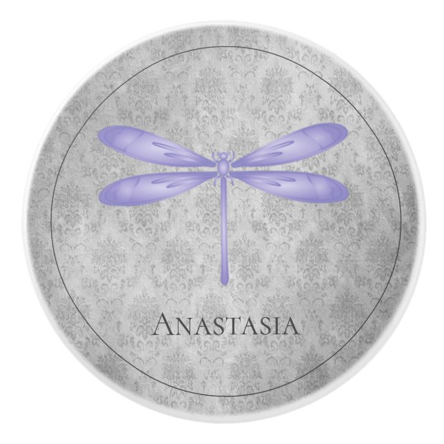 Bouton De Porte En Céramique Damas de libellule violette (Devant)
