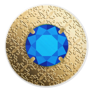 Bouton De Porte En Céramique Damas d'or avec gemstone de faux saphir