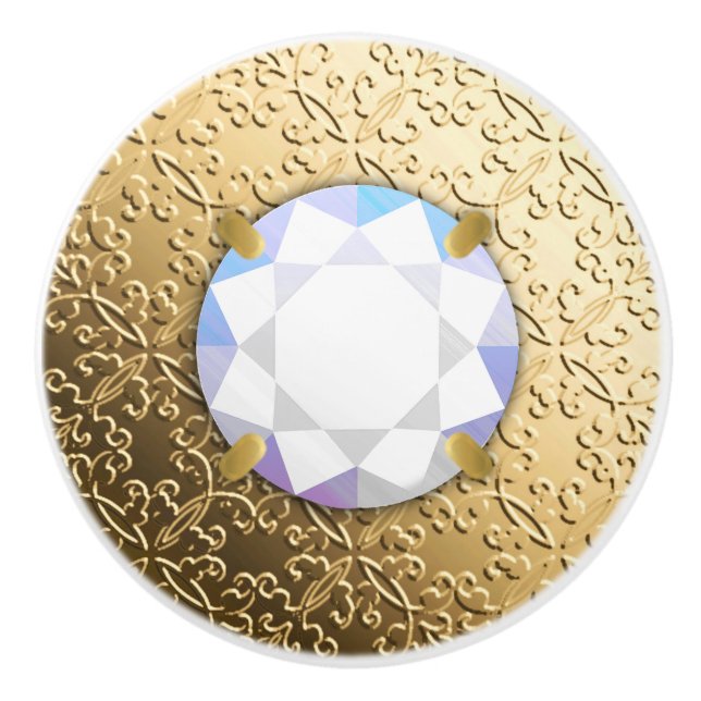 Bouton De Porte En Céramique Damas d'or avec gemstone en faux diamant (Devant)