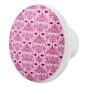 Bouton De Porte En Céramique damassé rose et noir