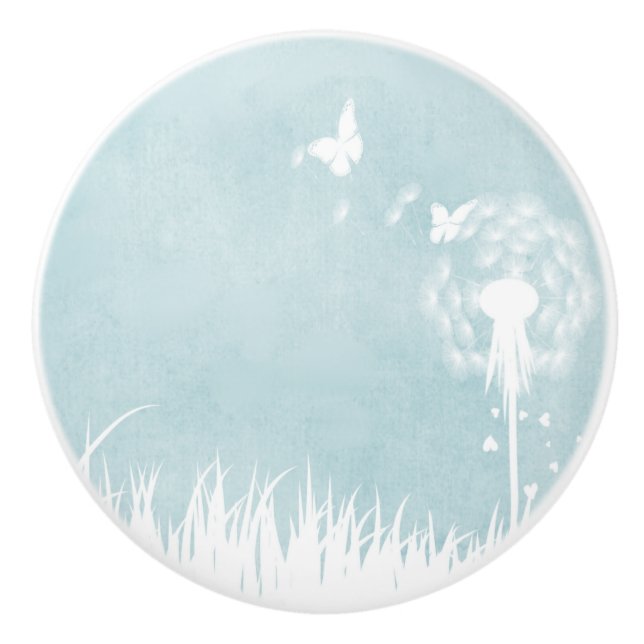 Bouton De Porte En Céramique Dandelions, papillons et ciels bleus (Devant)