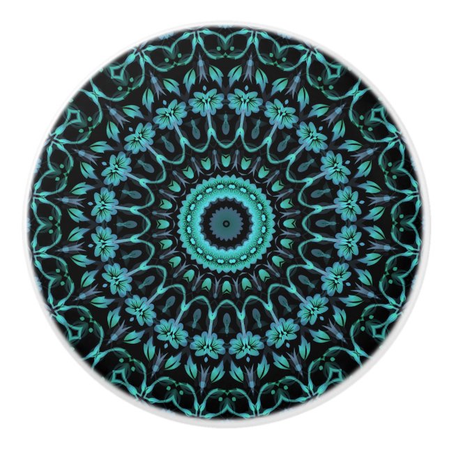 Bouton De Porte En Céramique Dark Turquoise Floral Mandala (Devant)