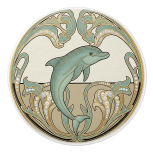 Bouton De Porte En Céramique Dauphin Vert Crème et Or Art Déco Nouveau Océan