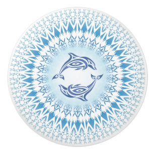Bouton De Porte En Céramique Dauphins Mandala Bleu Blanc Nautique