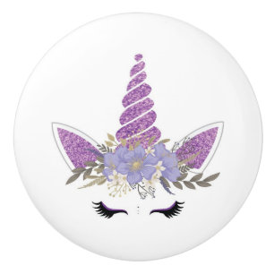 Bouton De Porte En Céramique Décor de licorne violette scintillante pour filles