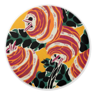 Bouton De Porte En Céramique Décor floral Art déco jaune moutarde et orange
