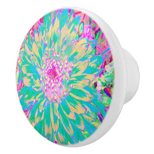 Bouton De Porte En Céramique Décor Turquoise vert et rose chaud Dahlia Flower