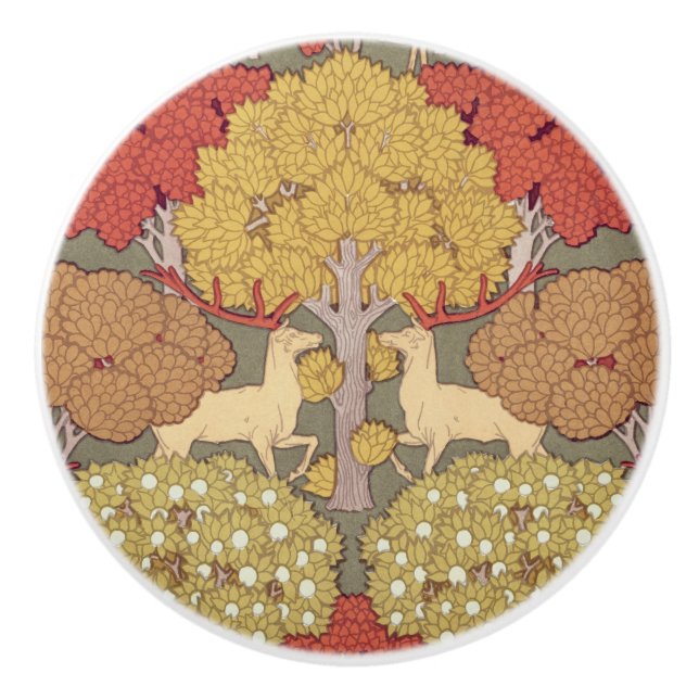 Bouton De Porte En Céramique Deer &Tree Squirrel Bird Rowan Berries Art Nouveau (Devant)