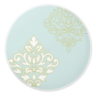 Bouton De Porte En Céramique Défiler Damask Art I (contour) Wt Gld Lt Turquoise
