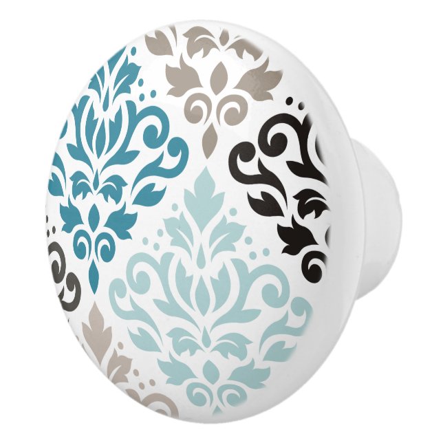 Bouton De Porte En Céramique Défiler Damask Décaler Ptn Art Teals Browns Blanc (Droite)