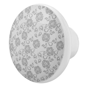 Bouton De Porte En Céramique Délicat Motif de dentelle florale gris ivoire