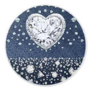 Bouton De Porte En Céramique Denim & Diamants Blue Jean Bling Diamant Cœur