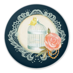 Bouton De Porte En Céramique Dentelle victorienne Roses Gold Birdcage Canary Kn