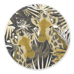 Bouton De Porte En Céramique Des girafes dans la forêt nocturne.