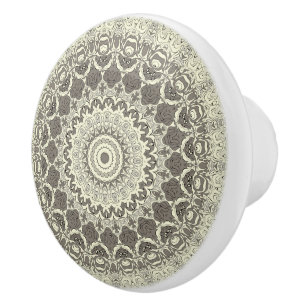 Bouton De Porte En Céramique Design Motif en mandala beige et taupe