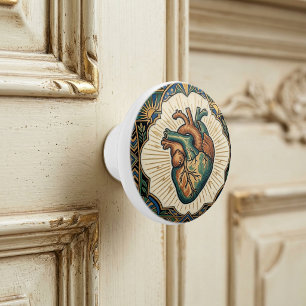 Bouton De Porte En Céramique Dessin de cœur anatomique Art déco vert sarcelle e