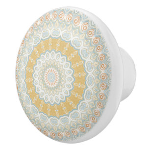 Bouton De Porte En Céramique Dessin de motif mandala beige doré et bleu